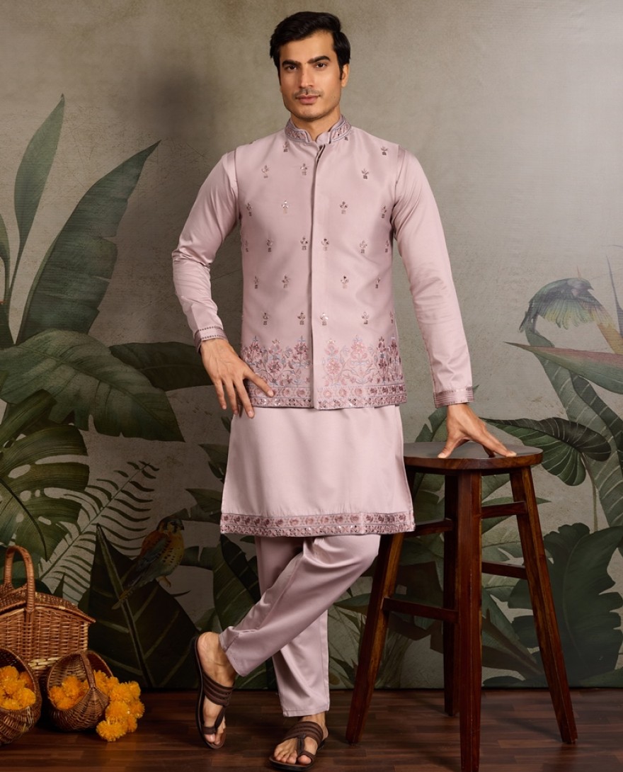 61102-PINK - Dusty Pink Embroidered Kurta Set for Men